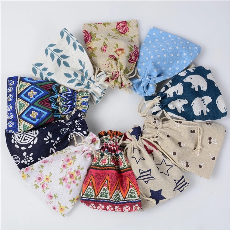 Túi vải bố linen dây rút họa tiết phong cách vintage đựng hoa khô hoa thơm cà phê size 10x14cm - namimi