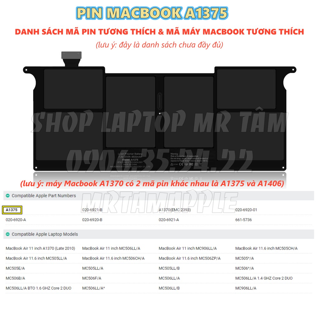 [Mã 267ELSALE hoàn 7% đơn 300K] Pin MACBOOK A1375 - 6 CELL - Air 11&quot; A1375 MC505LL/A (2010)