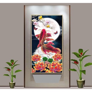 Tranh đính đá Cá chép Hoá Rồng LV577 (50x90cm) - tranh chưa gắn đá