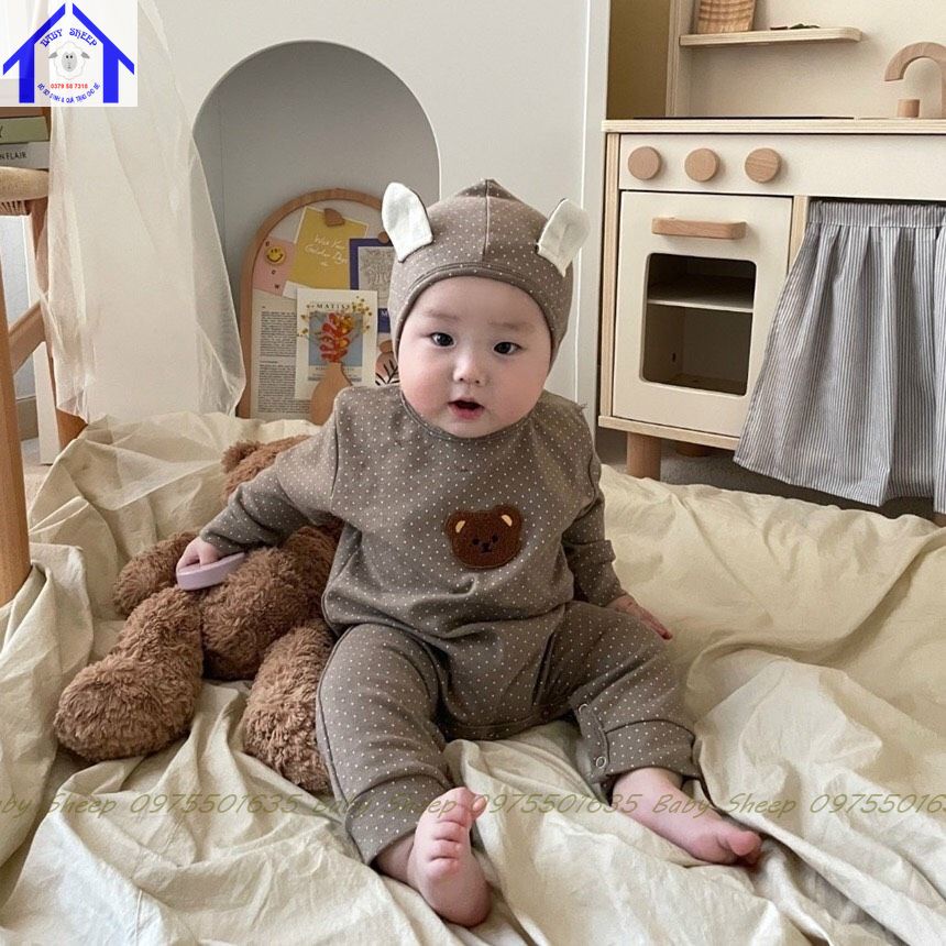 Bộ Áo Liền Quần Kèm Mũ Gấu Len ngực Phong Cách Hàn Quốc Xinh Xắn Dành Cho Bé 0-3 tuổi