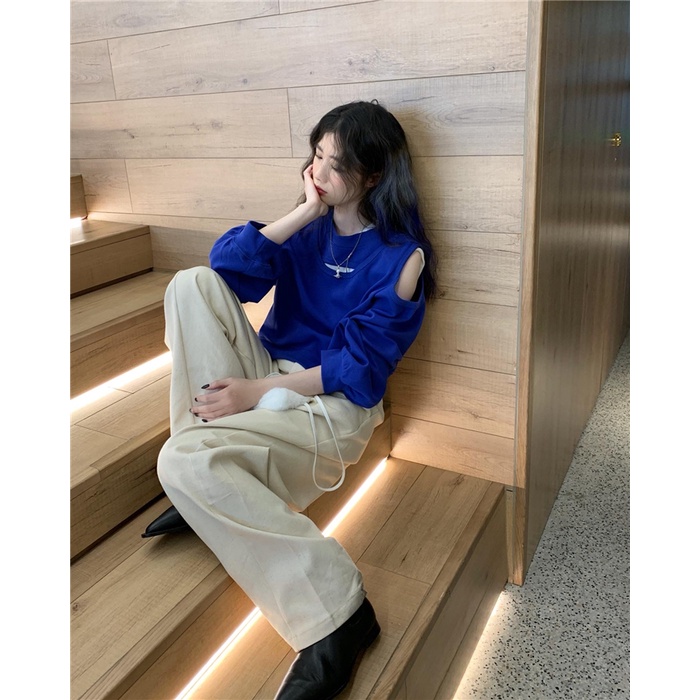 Áo sweater Cổ Tròn Dáng Rộng Hở Vai Màu Nâu Phong Cách Hàn Quốc Thời Trang Mùa Thu Mới 2022 Dành Cho Bạn Nữ