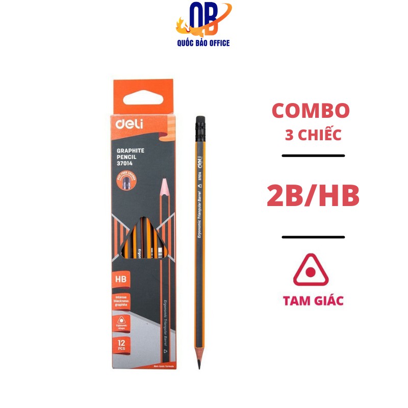 Bút chì 2B kèm tẩy Deli - Viết chì - sọc neon nhiều màu - combo 3 cây - E37013 / E37014 / E37015 / E37016