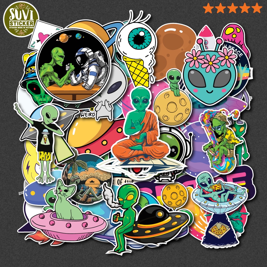 50 Sticker Alien Vũ Trụ chống nước sticker dán mũ bảo hiểm, laptop, điện thoại, đàn guitar, vali. MSP: NS60