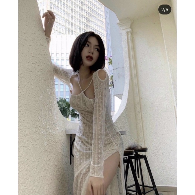 ❤️‍🔥ĐẦM MIDI REN HOA DÂY CHÉO NGỰC KHOÉT VAI XẺ ĐÙI