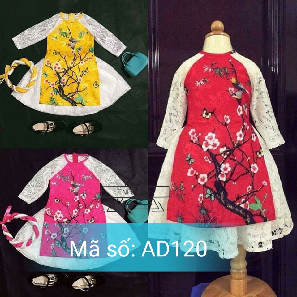 Set áo dài cách tân bé gấm hoa phối ren có váy kèm mấn