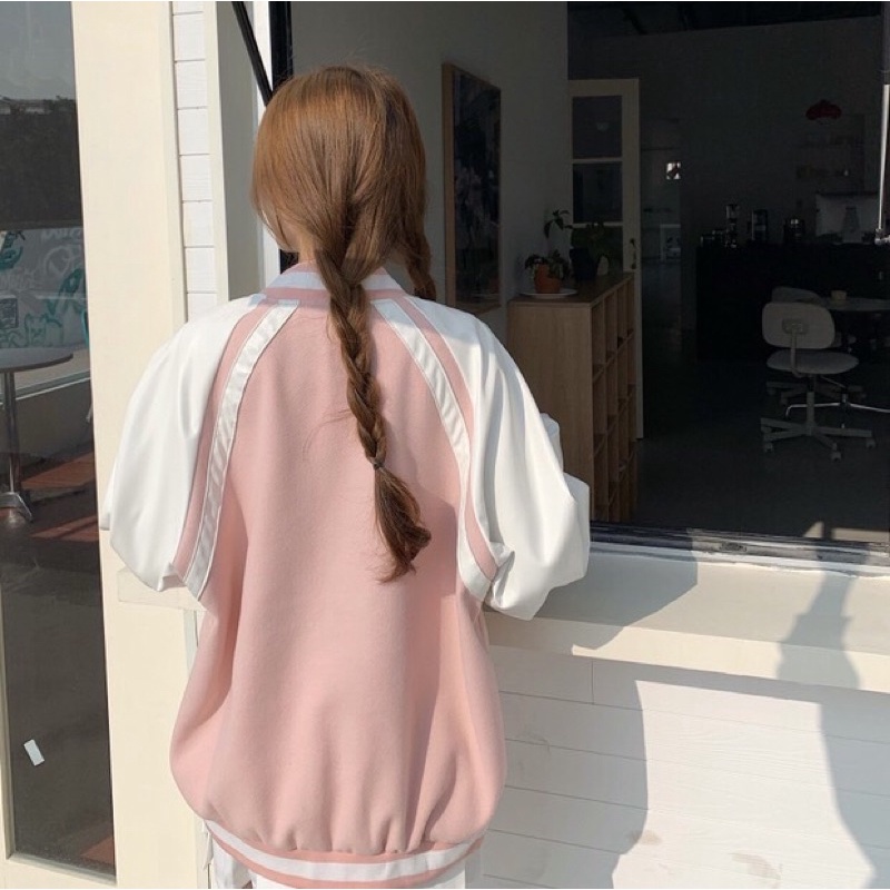 Áo Khoác Bomber Jacket Tay Da Varsity F426 Màu Xanh Hồng Đen Oversize