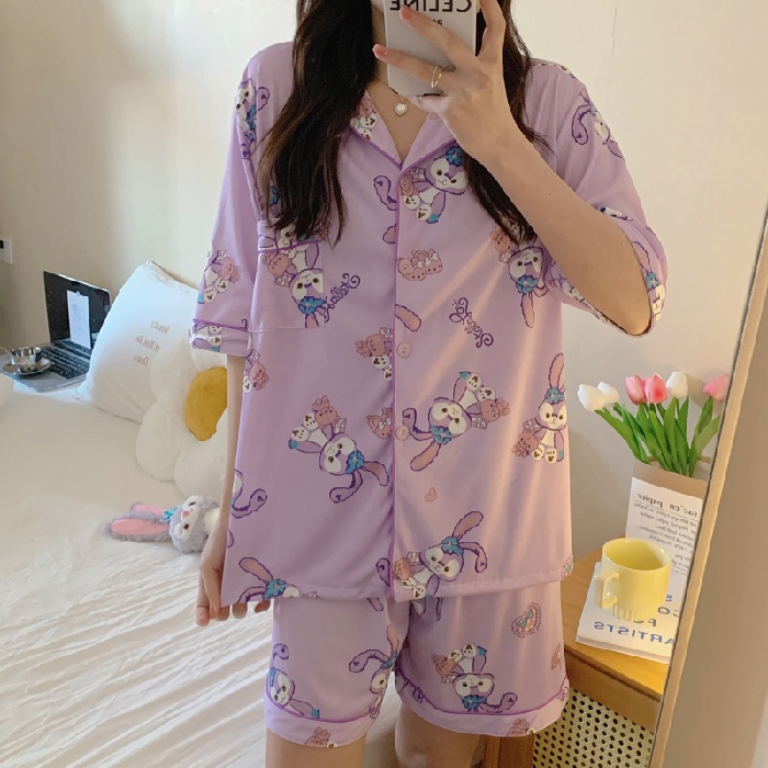 Bộ Đồ Ngủ Cotton Tay Ngắn In Họa Tiết Hoạt Hình / Kẻ Ô Dành Cho Nữ
