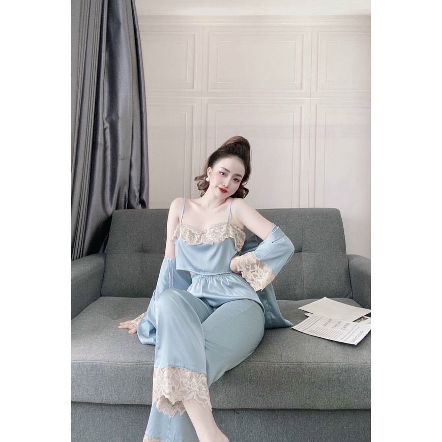 ❤️ 𝐅𝐫𝐞𝐞 𝐒𝐡𝐢𝐩 ❤️ SET ĐỒ NGỦ LỤA SATIN SEXY 3 MÓN ÁO CHOÀNG + ÁO TRONG 2 DÂY + QUẦN DÀI PHỐI REN MÁT MỊN KHÔNG NHĂN