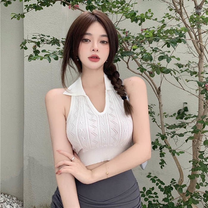 QKOOLE  Áo Dệt Kim Không Tay Cổ POLO Phong Cách Thời Trang Hàn Quốc Dành Cho Nữ