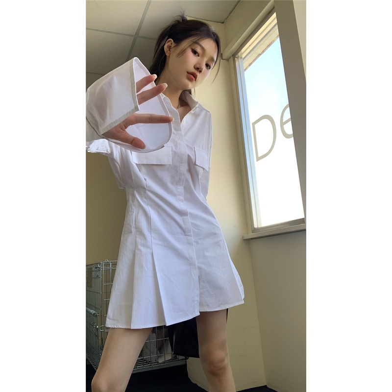 Đầm Sơ Mi Trắng Tay Dài Cổ polo Phong Cách Hàn Quốc Thiết Kế Ngọt Ngào Thời Trang Mới Cho Nữ
