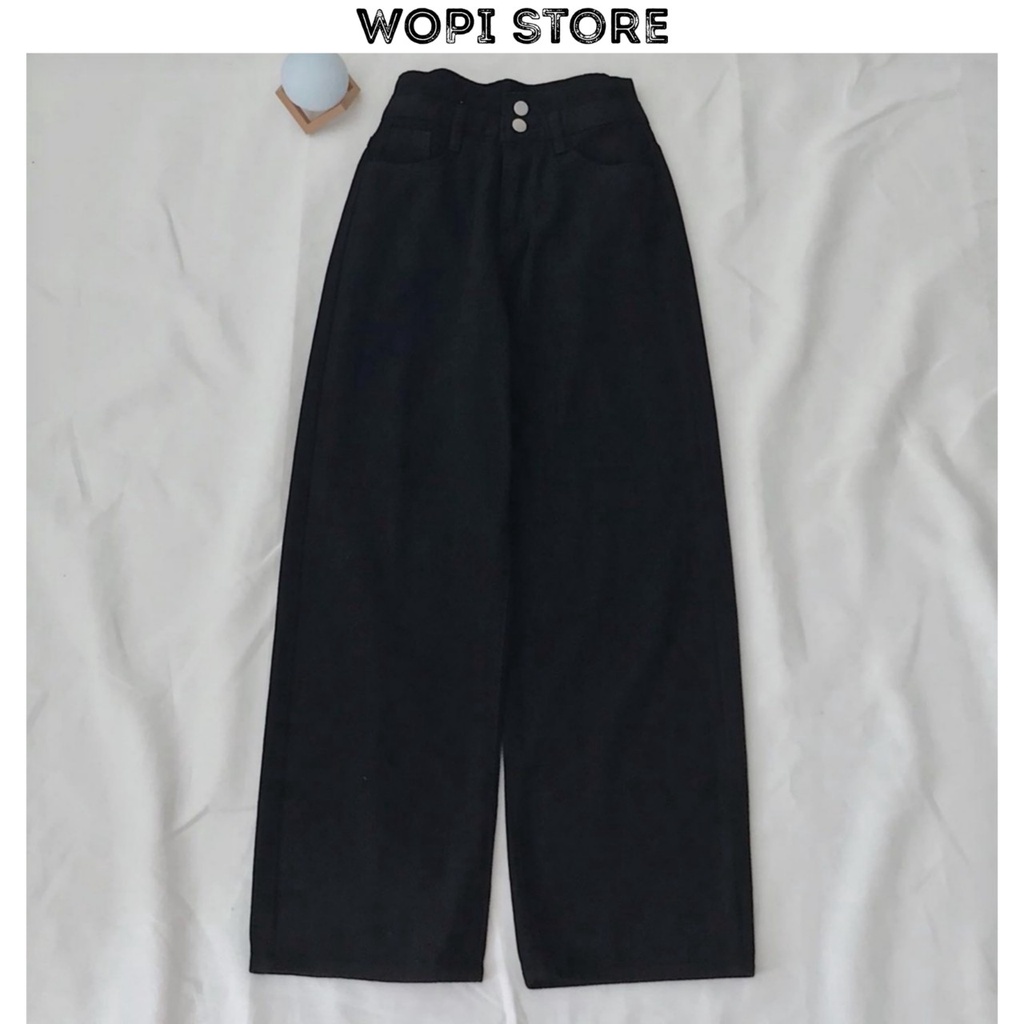 Quần Jean Ống Rộng Nữ KIA JAMIE Có 2 Cúc Cạp Cao Thiết Kế Dáng Belt Phong Cách Hàn Mặc Tôn Dáng Ulzzang (Ảnh Thật)