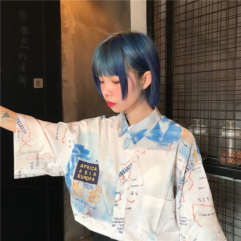 【ZHELIHANGFEI】 Áo Sơ Mi Dáng Rộng In Bản Định Hướng Phong Cách Harajuku Hip Hop Đường Phố Mùa Hè Cho Nam Và Nữ