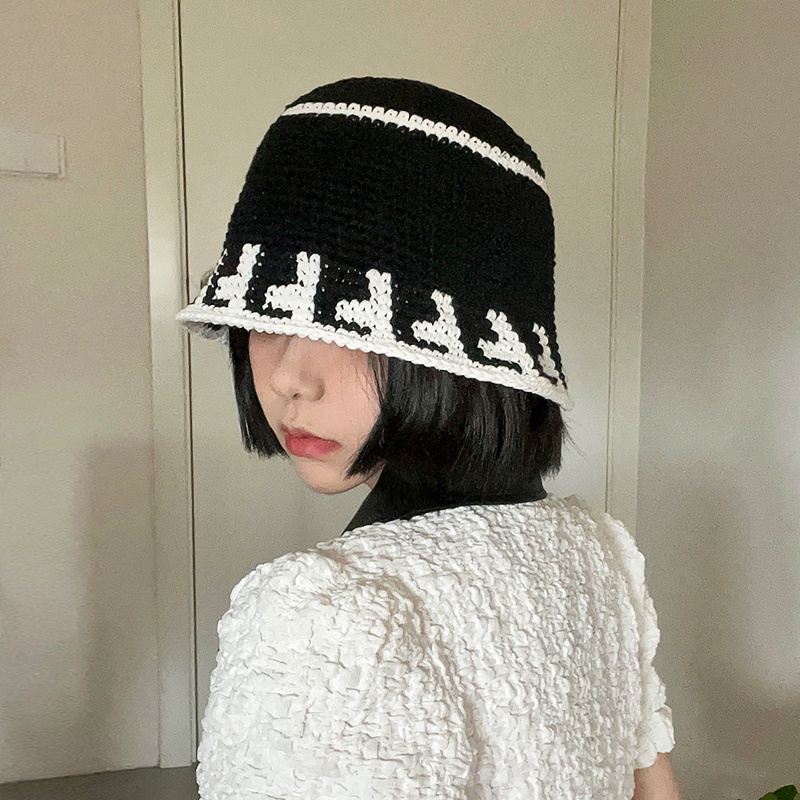 Mũ Bucket Len Dệt Kim Màu Trắng / Đen Phong Cách Thời Trang Nhật Hàn
