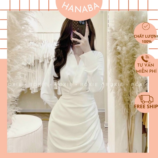 Đầm váy đắp chéo cổ sơ mi công sở màu đỏ trắng đen tay dài siêu sang chảnh bigsize 50-90kg