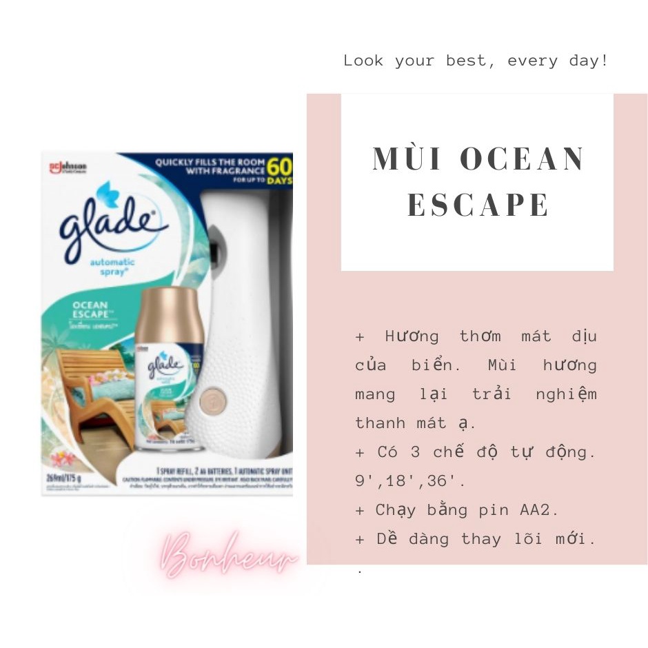 Máy xịt thơm phòng tự động GLADE, hương thơm dịu nhẹ, thay lõi 269ml