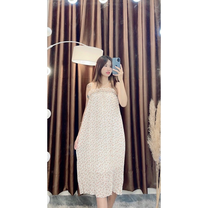 Đầm hai dây hoa nhí dáng suông dài phối bèo bầu bì bon chen đi chơi đi dạo đi du lịch siêu đẹp hình thật