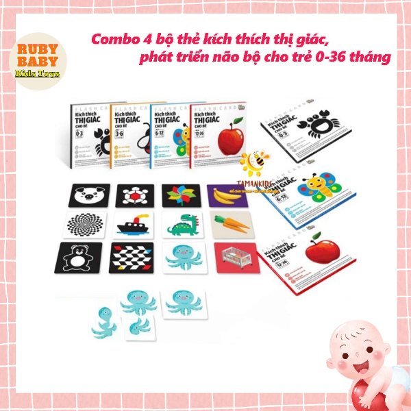 Combo 4 bộ thẻ kích thích thị giác, phát triển não bộ cho trẻ 0-36 tháng RUBY BABY KIDS TOYS - đồ chơi trẻ em thông minh