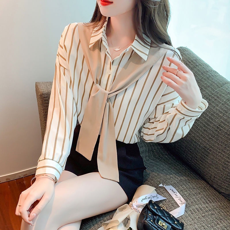 Áo Sơ Mi Tay Dài Dáng Rộng Họa Tiết Kẻ Sọc Phong Cách retro Hong Kong Thời Trang Mùa Thu Mới Cho Nữ