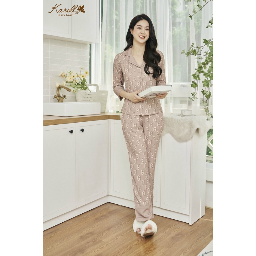 Bộ đồ mặc nhà lụa Karoll, set đồ ngủ pijama nữ chất lụa mềm mịn thoáng mát dáng dài họa tiết trẻ trung