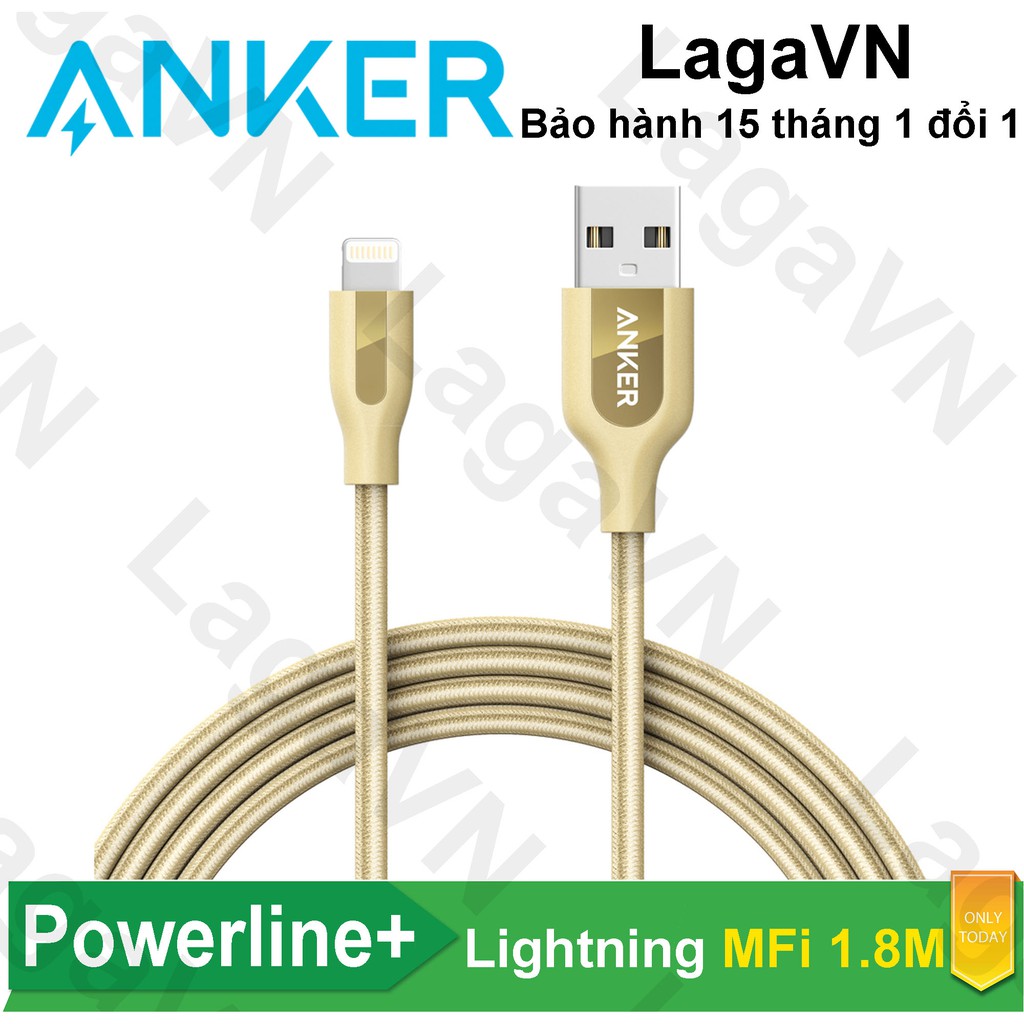 Cáp sạc nylon ANKER PowerLine+ Lightning MFi dài 1.8m (không túi da) cho iPhone iPad iPod - A8122