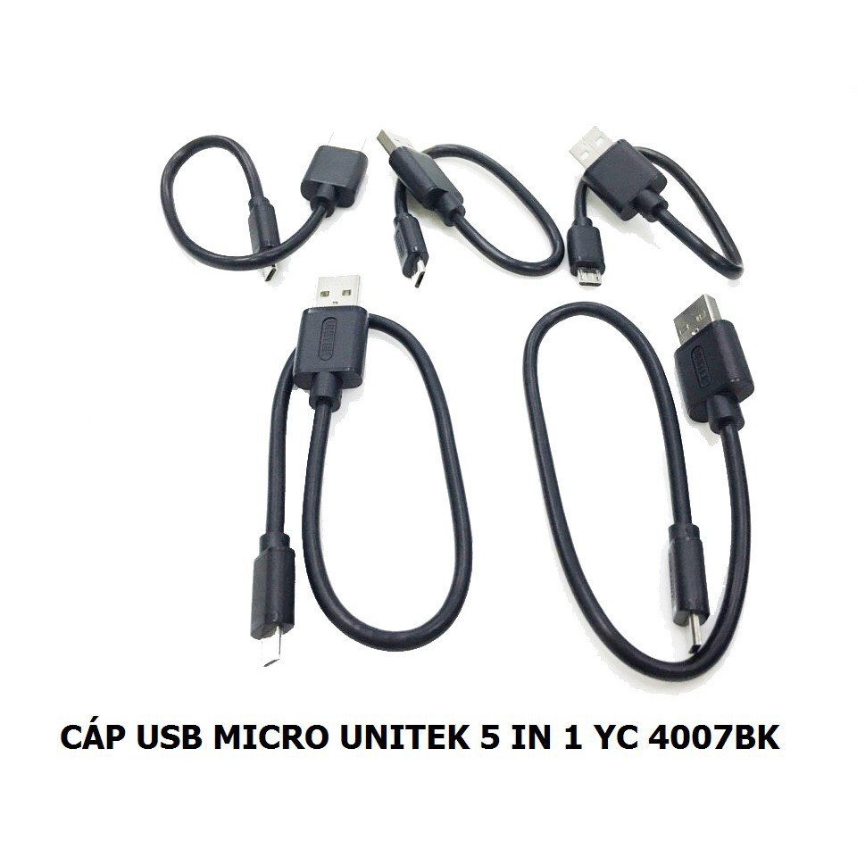Combo 5 sợi Cáp sạc điện thoại và truyền dữ liệu USB sang USB micro 2.0 Unitek YC 4007BK 3 sợi 30cm , 2 sợi 20cm
