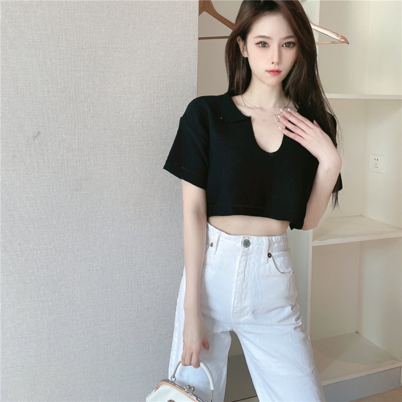 Áo Thun Dệt Kim Tay Ngắn Cổ Polo Màu Sắc Trơn Phong Cách Hàn Quốc