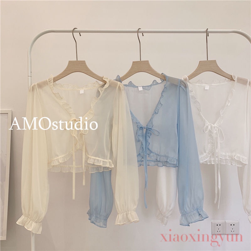 Áo Khoác Voan Mỏng Tay Dài Phối Ren Thời Trang Cho Nữ