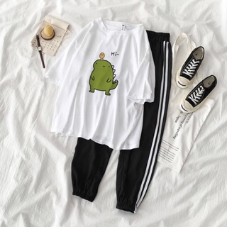 Set Jogger Line Phối Thun Unisex Khủng Long Xanh