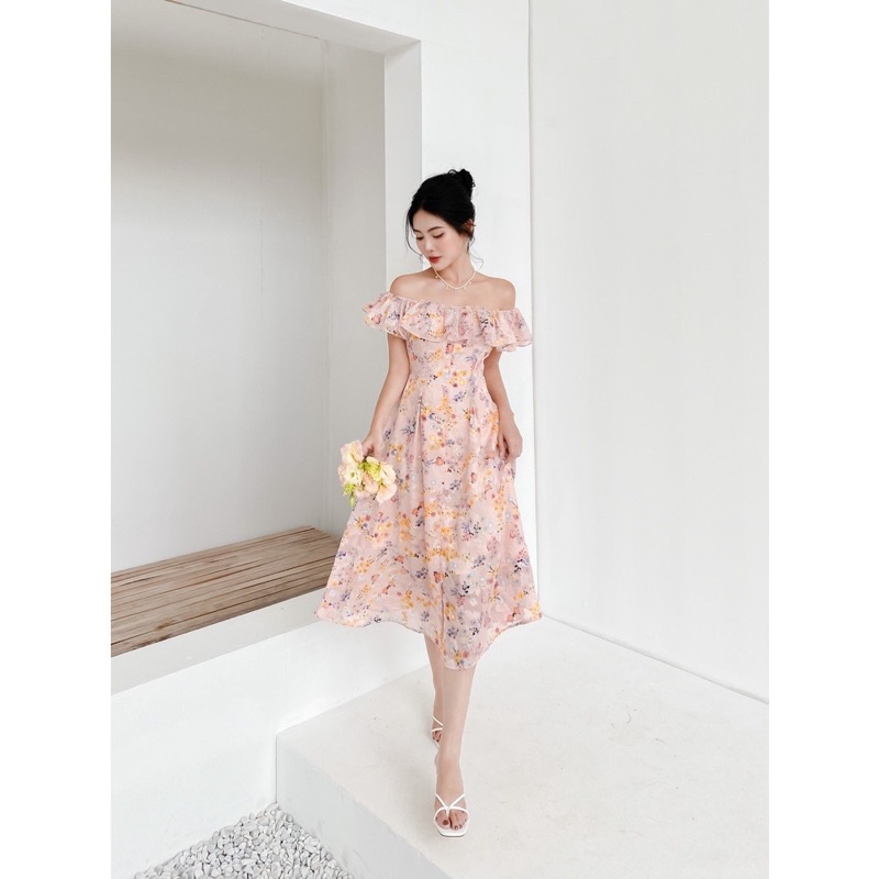 Váy hở vai đi biển hoa nhí sang chảnh váy 2 lớp voan lụa Linstore Thiết Kế V18 Lins96 98.studio