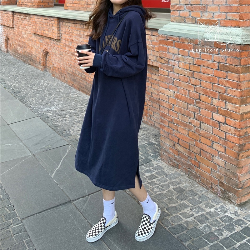 Váy/ Đầm oversize dáng hoodie có mũ trùm đầu dày dặn cho mùa đông ấm áp