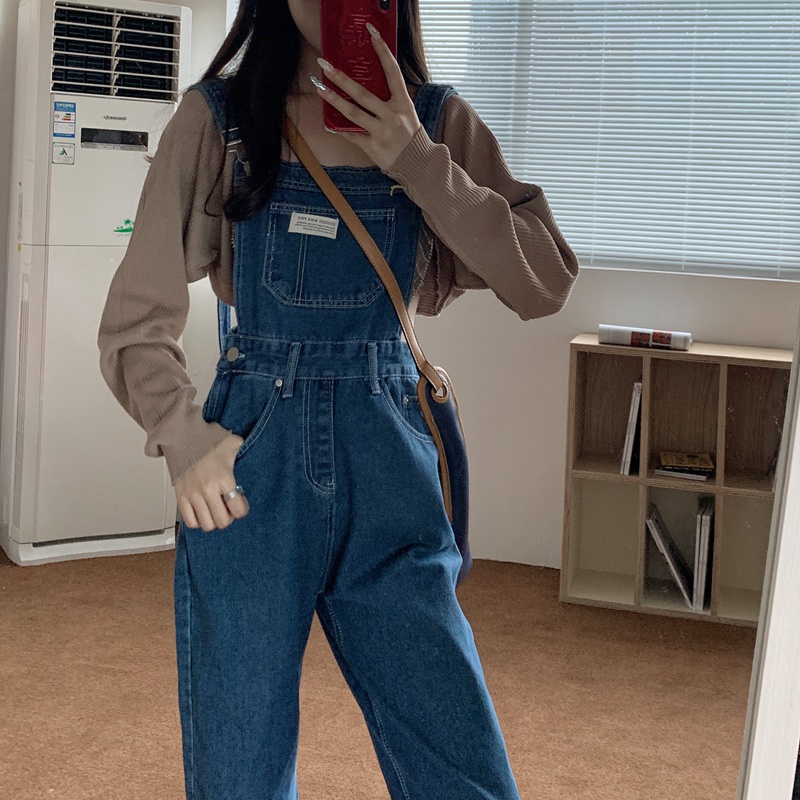 LEEVA - Yếm jeans nữ dáng dài phong cách dễ thương ulzzang girl L297