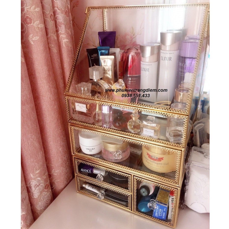 Kệ Tủ Trang Điểm Golden 3 Tầng Có Nắp Đậy Viền Vàng Golden
