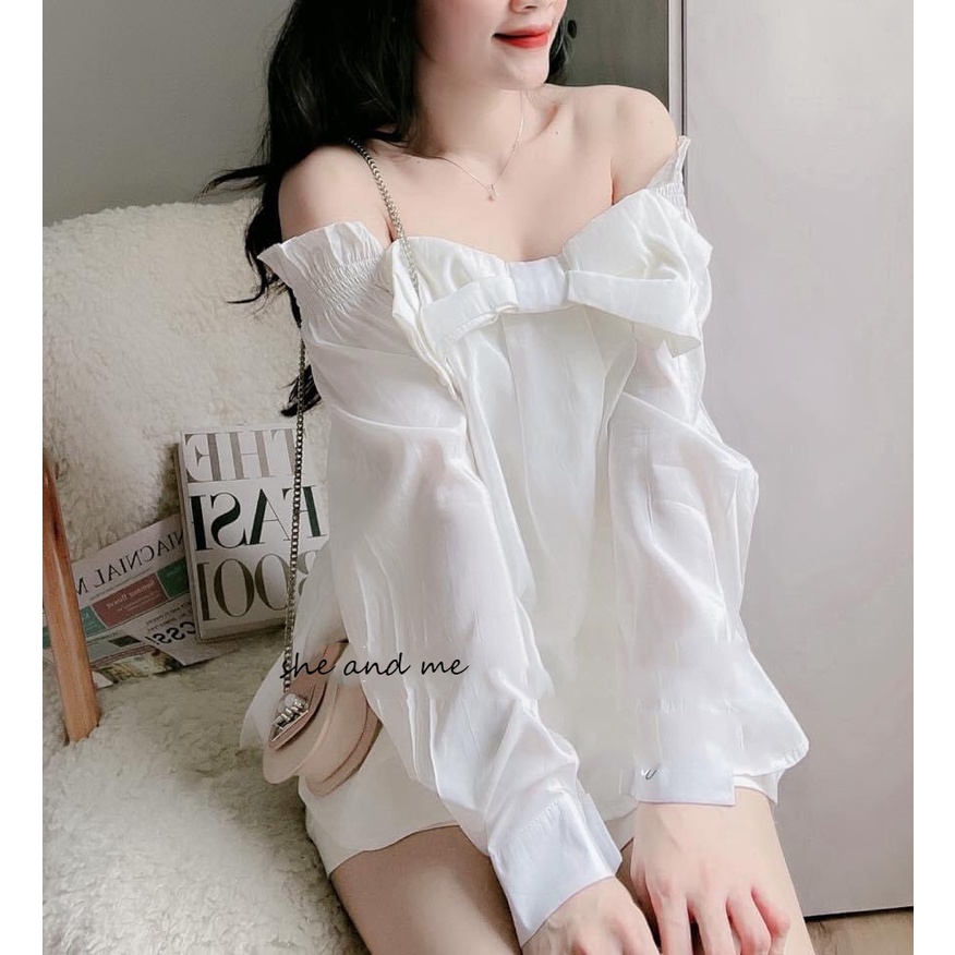 (SALE TẬN GỐC) Sét Áo Trễ Vai Thắt Nơ Bo Chun Tay Áo Kèm Quần Short Cạp Chun Siêu Đẹp Ảnh Thật Tự Chụp
