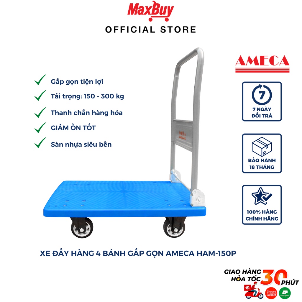 Xe đẩy hàng kéo hàng 4 bánh nhựa giảm ồn tốt sàn nhựa gấp gọn AMECA tải trọng 150kg giao hỏa tốc HN