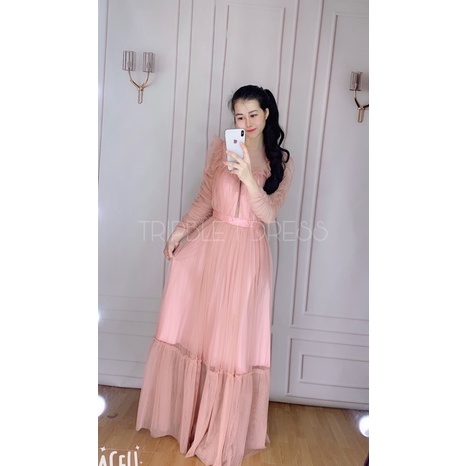 Đầm dự tiệc tay dài dún lưới sang trọng TRIPBLE T DRESS - size M/L (kèm ảnh/video thật) MS336V
