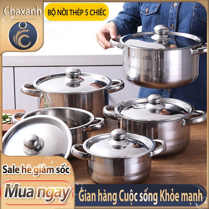 Bộ 5 nồi inox không gỉ , bộ nồi đa năng cao cấp - Bộ nồi quánh inox 304 nắp inox 5 đáy dùng bếp từ , hồng ngoại , gas