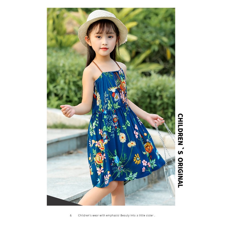 Summer new girl's print dress little girl's foreign style suspender skirt Korean children's skirt