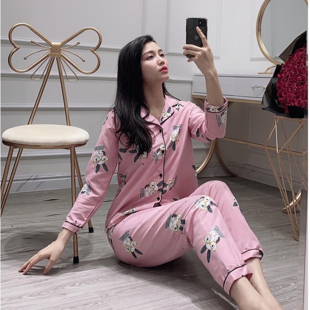 Bộ ngủ pijama lụa kate thái áo dài quần dài bộ mặc nhà Hanz.vn mềm mại dễ thương H1NN ཾ