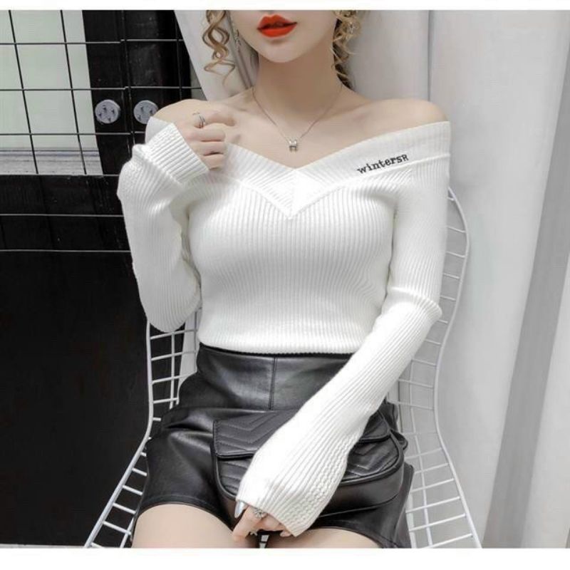 Áo thun cổ tim thêu chữ tay dài mặc được nhiều kiểu A15