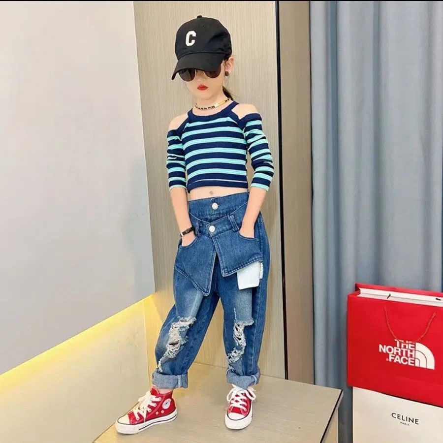 Gmn Set Áo Thun Tay Dài Hở Vai Phối Quần Jean Rách Thời Trang Mùa Thu Cho Bé Gái