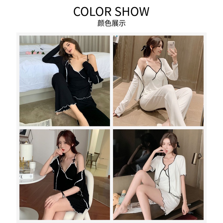 Bộ đồ ngủ vải lụa tay dài có mút ngực thời trang xuân thu cho nữ