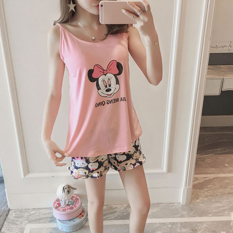 Bộ đồ ngủ 2 dây in hình chuột Mickey màu hồng kèm quần lót