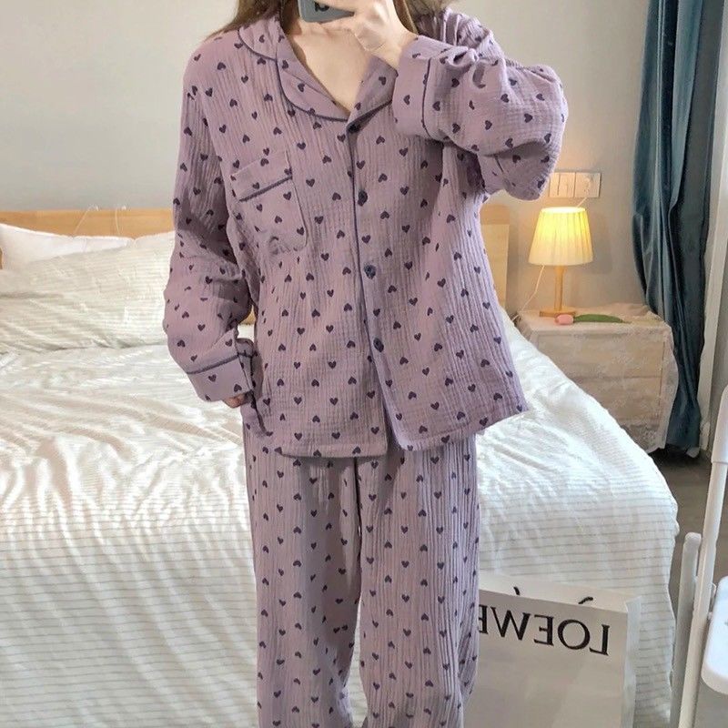 Bộ Đồ Ngủ Tay Dài Chất Liệu cotton Phong Cách Hàn Quốc Thời Trang Mùa Thu Xinh Xắn Cho Nữ