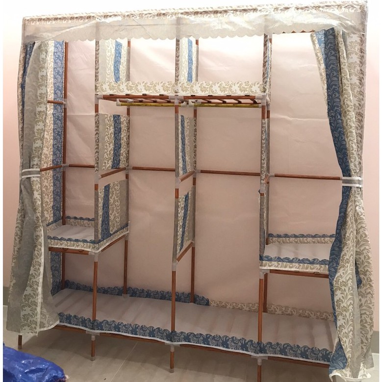 (vải bông gai) tủ quần áo vải khung gỗ 4 buồng gỗ bọc siêu bền chống ẩm mốc