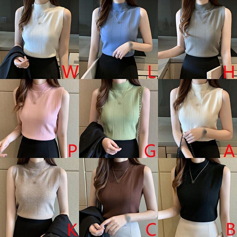 Áo thun lửng chui đầu dệt kim không tay cổ lọ cao vừa dáng ôm màu trơn thời trang dành cho bạn nữ | BigBuy360 - bigbuy360.vn