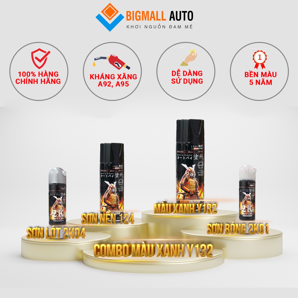 Combo Sơn Samurai màu xanh Y132 loại 2K chuẩn quy trình độ bền 5 năm gồm 2K04 - 124- Y132 -2k01