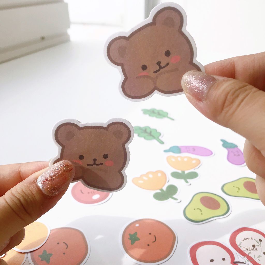 Set 20 sticker cute dễ thương chủ đề gấu,thức ăn, hoa quả, bánh mì, sữa dùng để trang trí sổ tay, nhật ký, bulletjournal