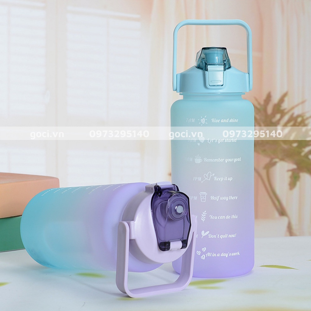 Bình đựng nước 2 lít có ống hút chia vạch nhắc nhở uống nước cute dễ thương
