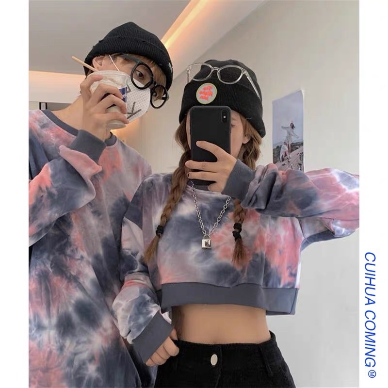 Áo đôi nỉ thu đông màu loang nam nữ kiểu dáng croptop cho nữ và dáng dài cho nam hàng order