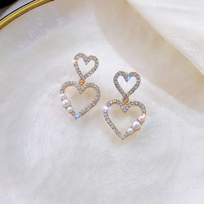 Bông Tai Mạ Bạc 925 Hình Trái Tim Đính Đá Và Ngọc Trai Giả Phong Cách Hàn Quốc